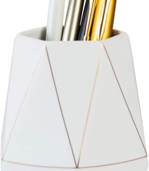 White Ceramic Gold Line Pen Cup
