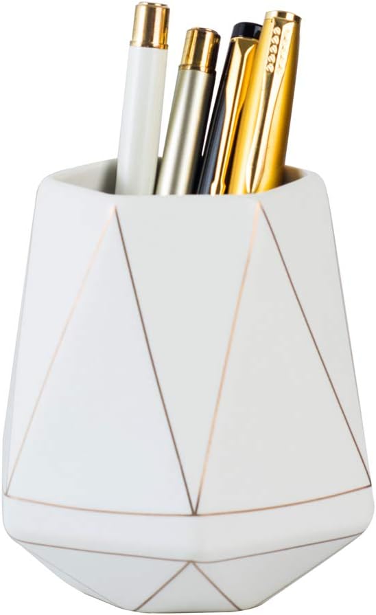 White Ceramic Gold Line Pen Cup