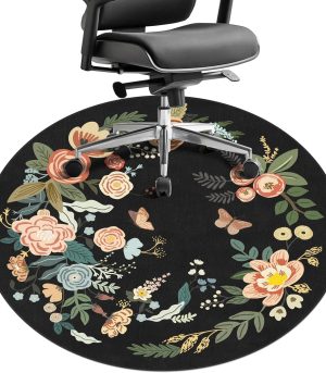 47"x47" Black Flowers Round Chair Mat