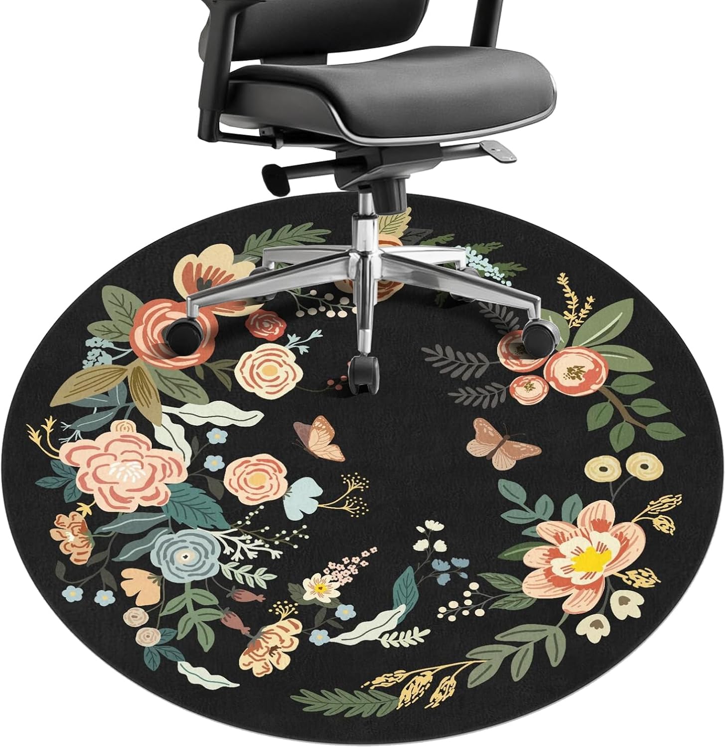 47"x47" Black Flowers Round Chair Mat