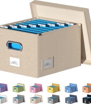 Beige Collapsible File Box with Lid