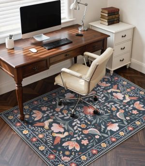 48x60 Black Floral Bird Chair Mat Hardwood