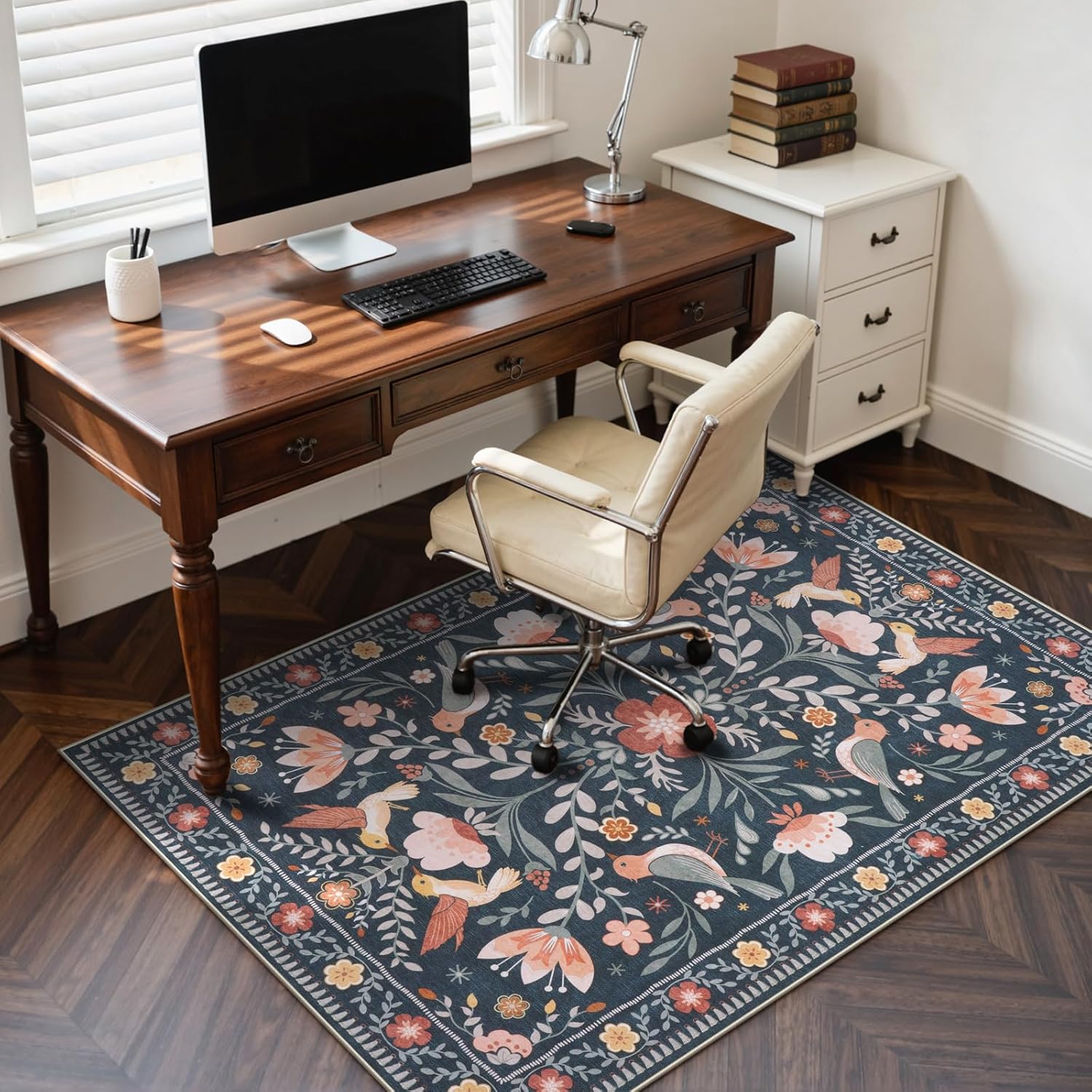 48x60 Black Floral Bird Chair Mat Hardwood