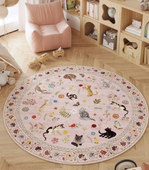 4ft Pink Boho Floral Washable Round Rug