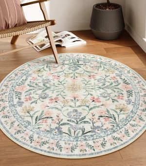 4ft Beige Boho Floral Washable Round Rug
