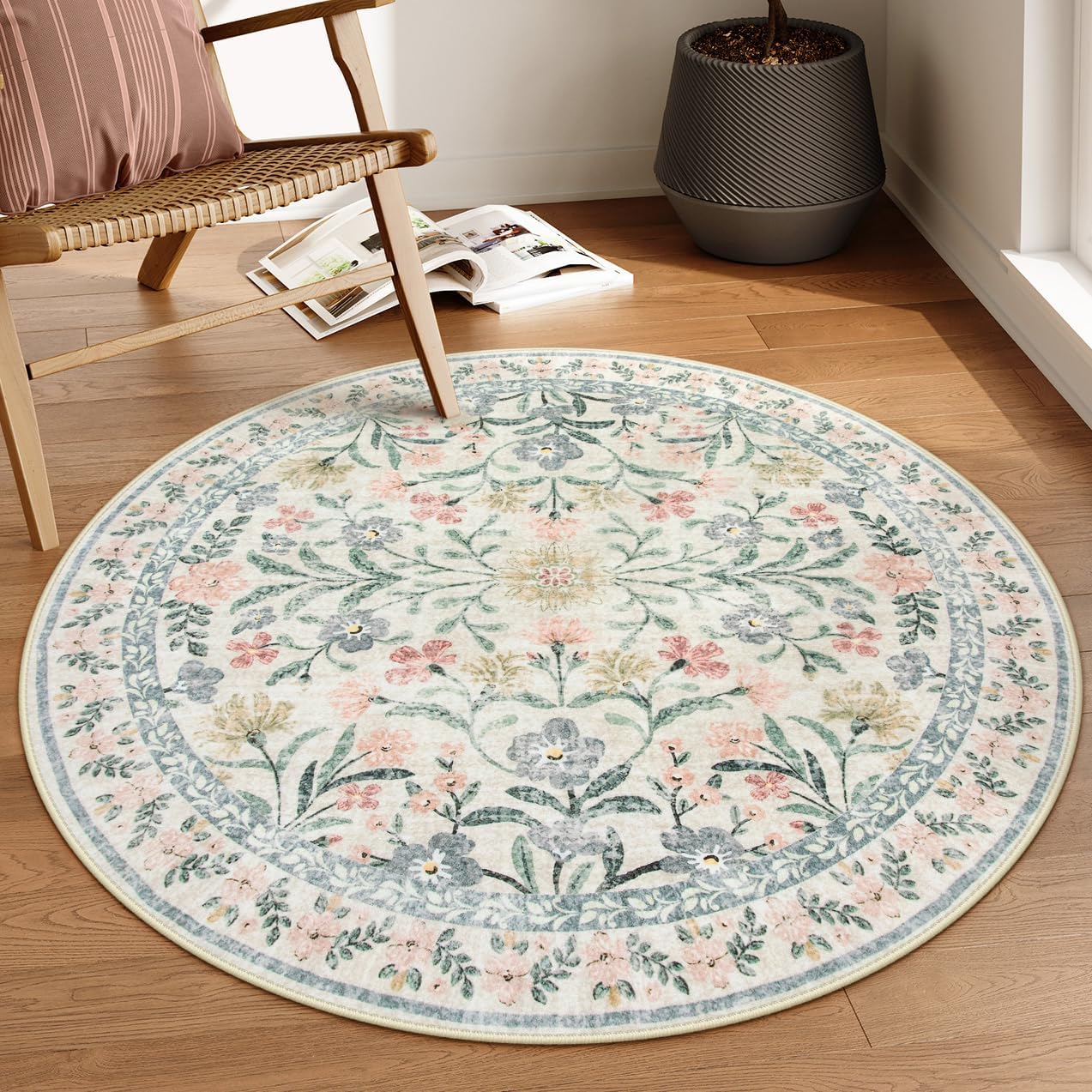 4ft Beige Boho Floral Washable Round Rug