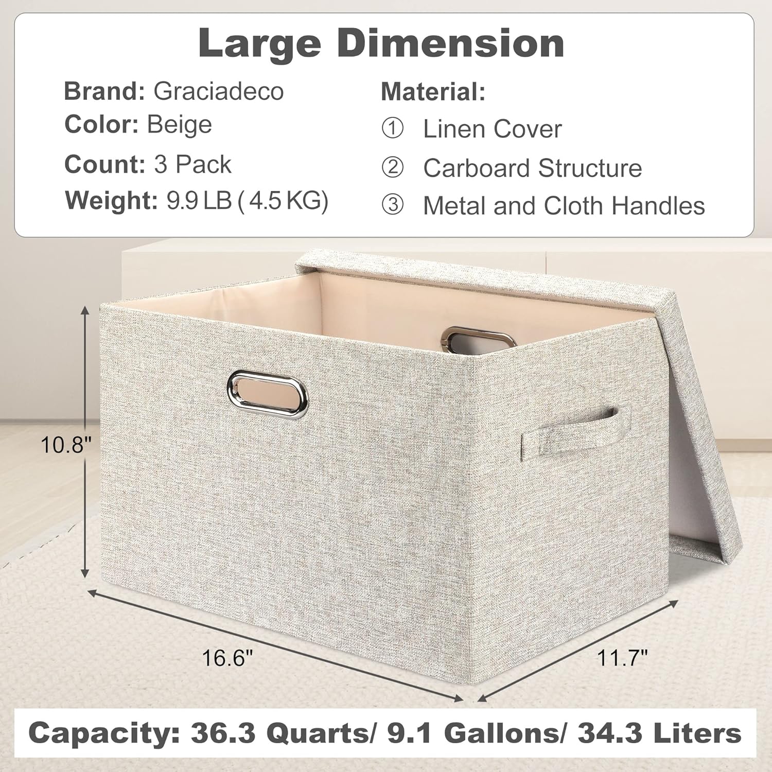 3-Pack Beige Linen Stackable Storage Bins 17x12x11 - Image 2