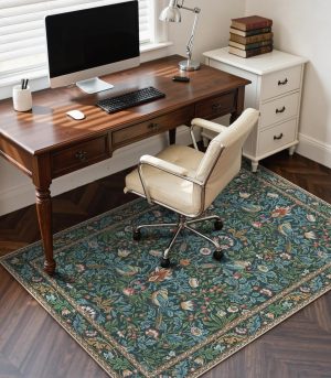 48x60 Navy Blue Floral Bird Chair Mat Hardwood