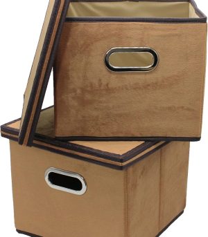 2-Pack Brown Velvet File Storage Box with Lid