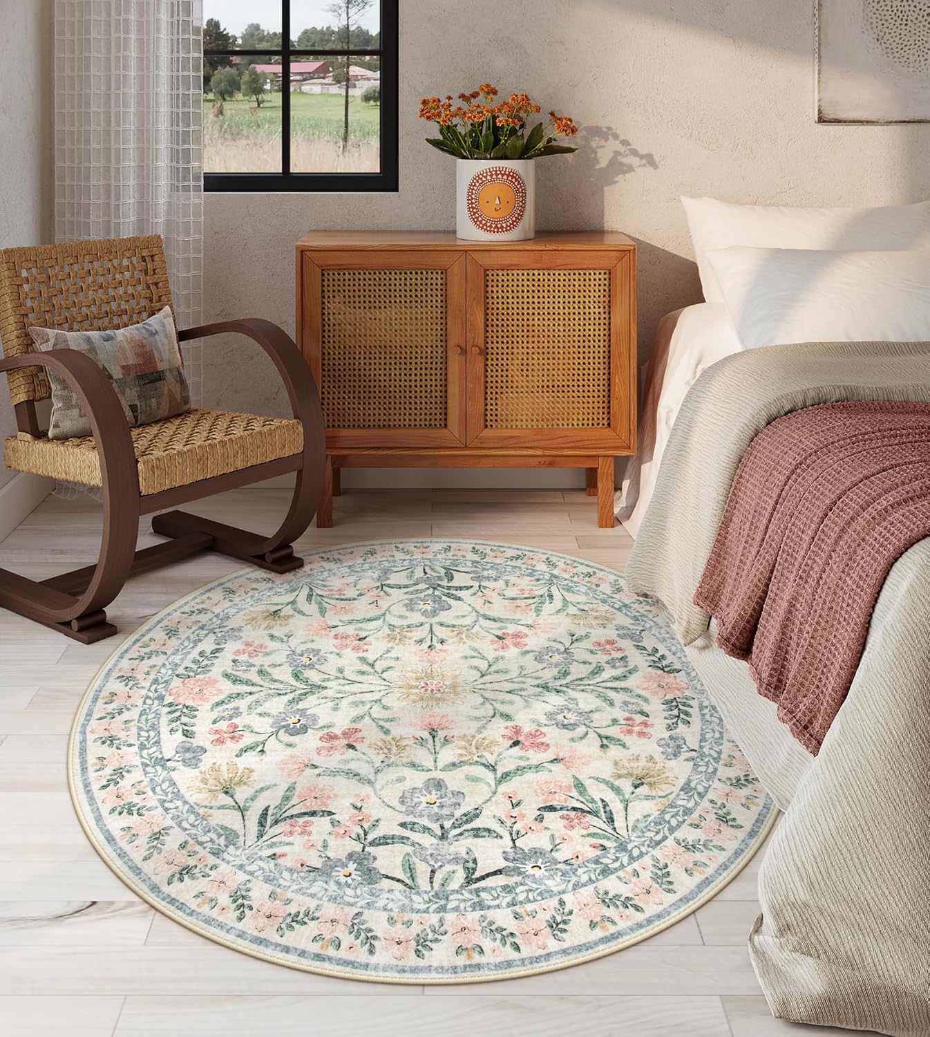 4ft Beige Boho Floral Washable Round Rug - Image 2