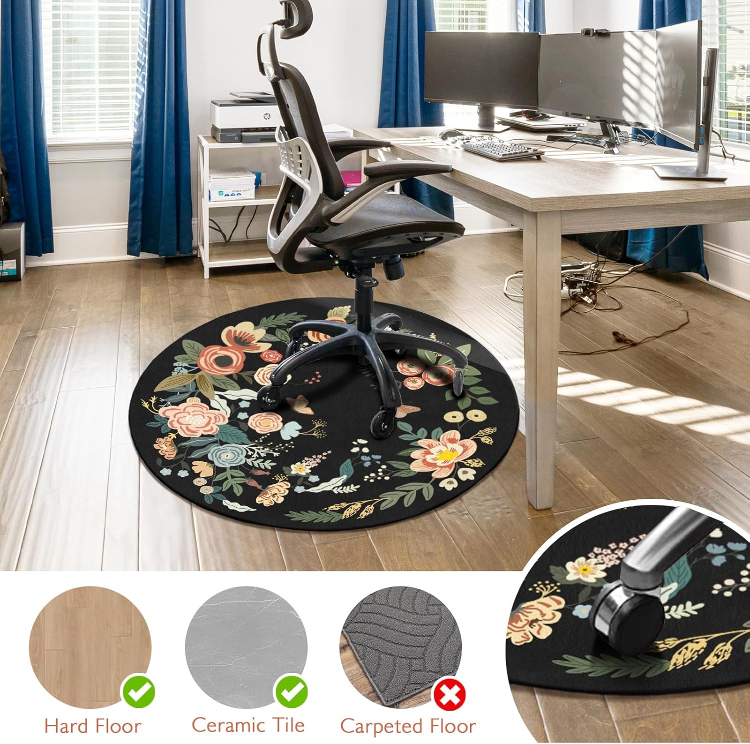 47"x47" Black Flowers Round Chair Mat - Image 2
