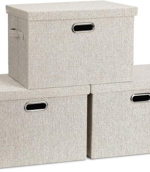3-Pack Beige Linen Stackable Storage Bins 17x12x11