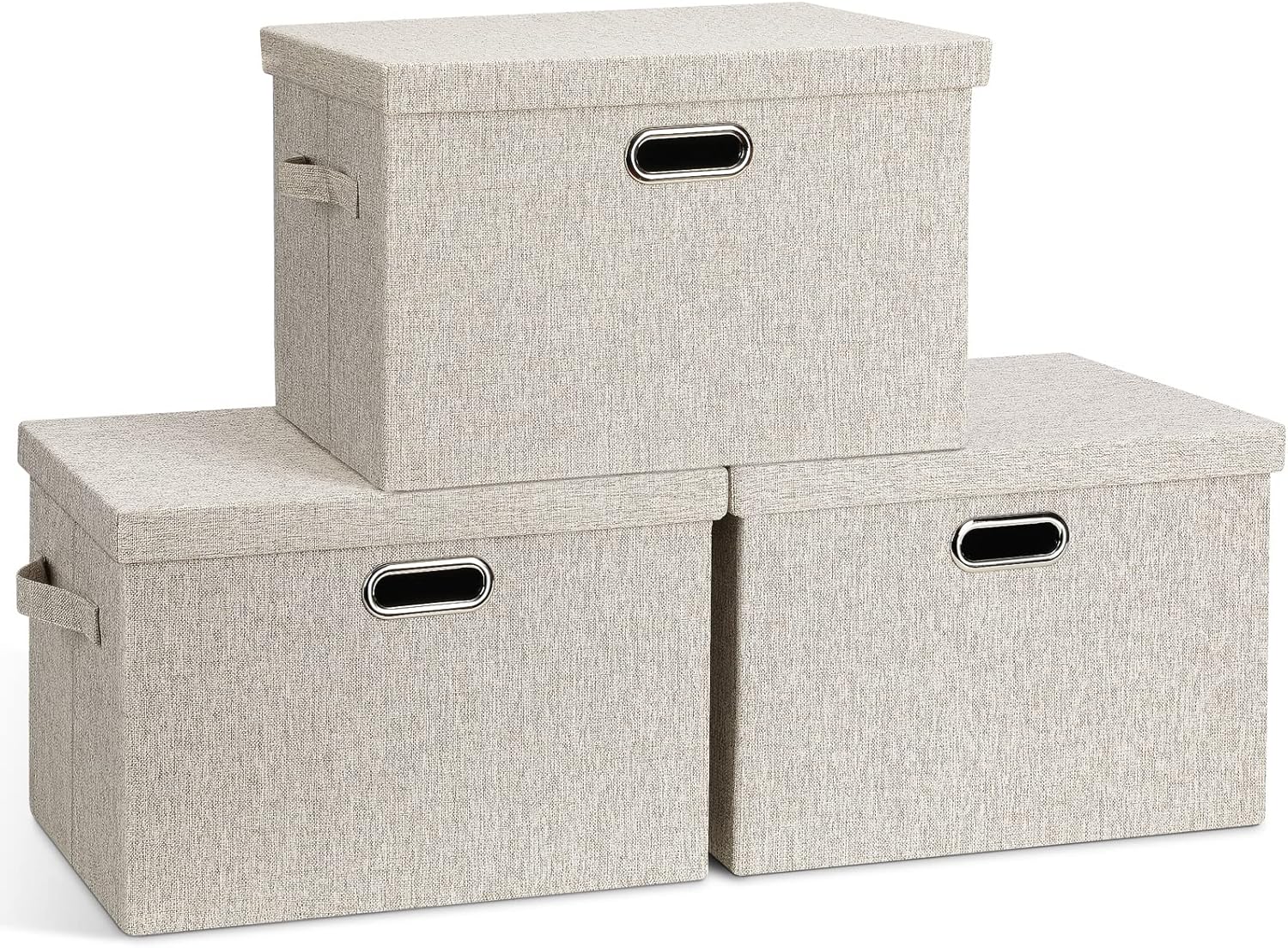 3-Pack Beige Linen Stackable Storage Bins 17x12x11
