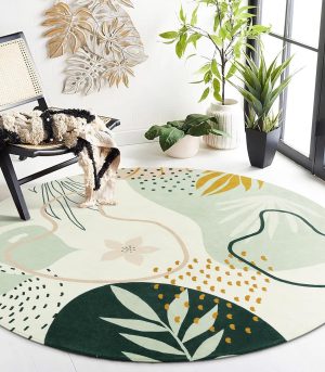 5ft Green Botanical Washable Round Rug