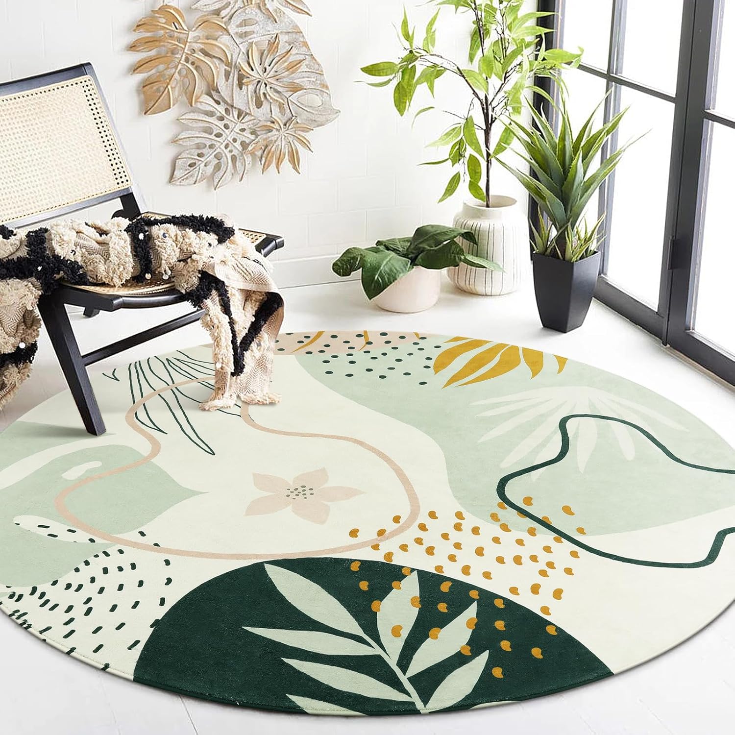 5ft Green Botanical Washable Round Rug